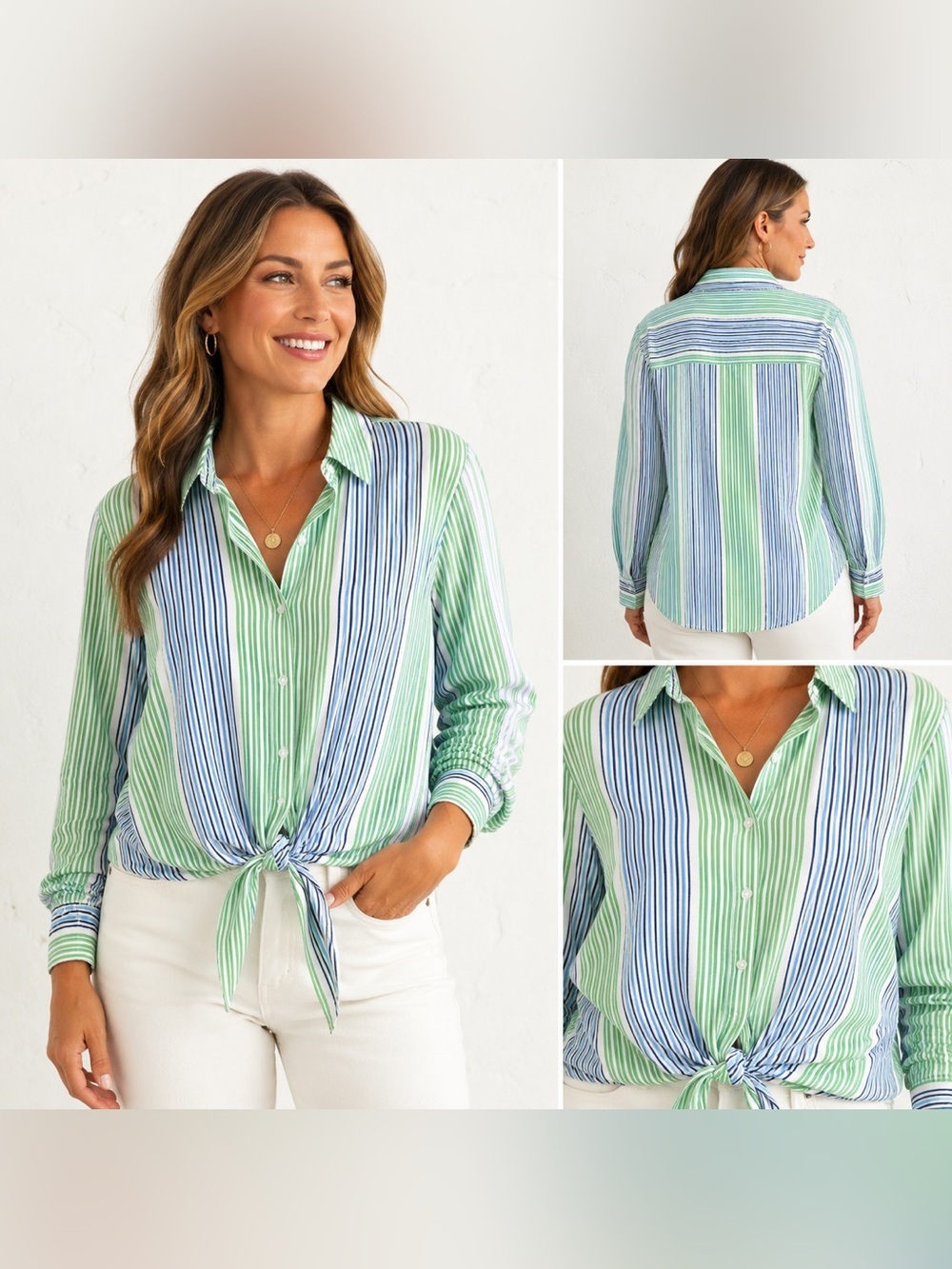 Free Assembly Striped Tie Front Button-Up Shirt 100% Cotton Green Blue XL
